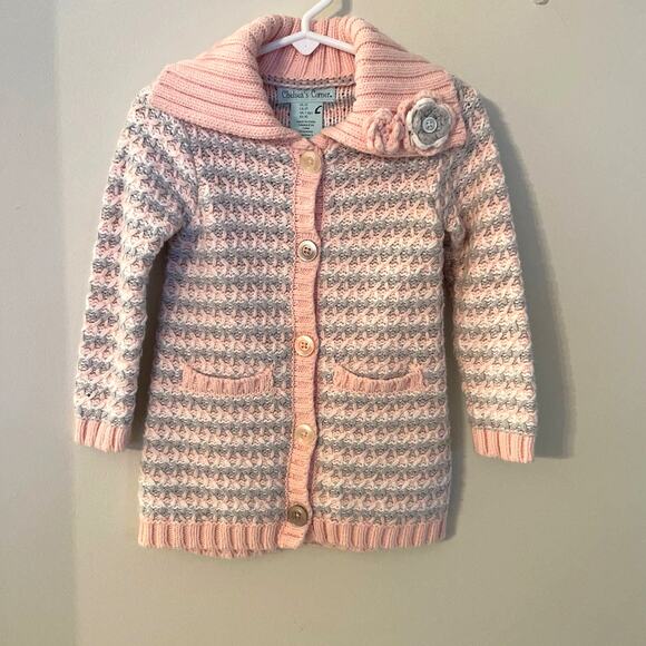 Chelsea's Corner Thick Knit Sweater/Cardigan Pink & Gray‎ Floral Accent Size 2T - Picture 2 of 11